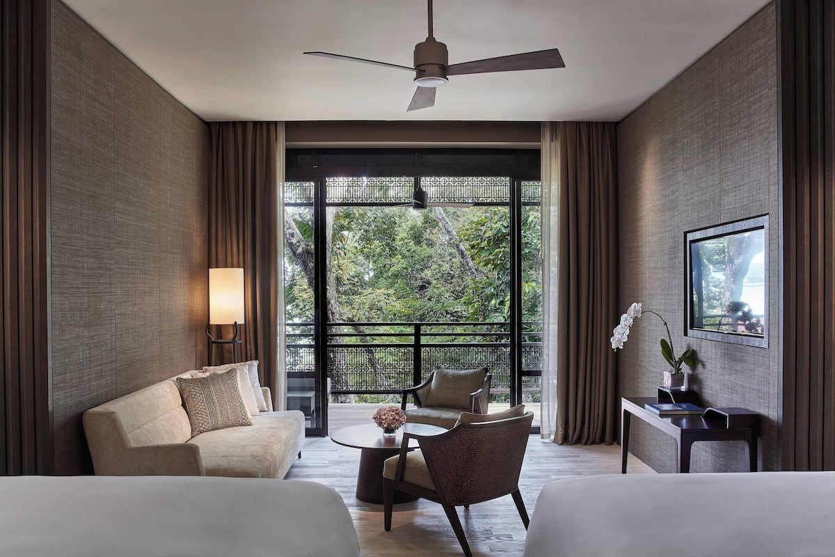 deluxe room, 2 queen beds, non smoking, balcony (view) | 1 bedroom, premium bedding, down duvets, free minibar items