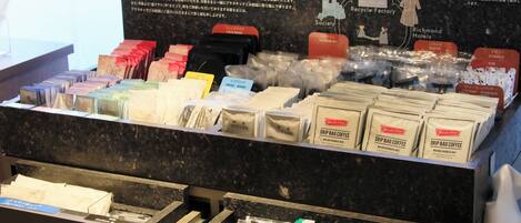 A display of coffee products and amenities at a hotel.