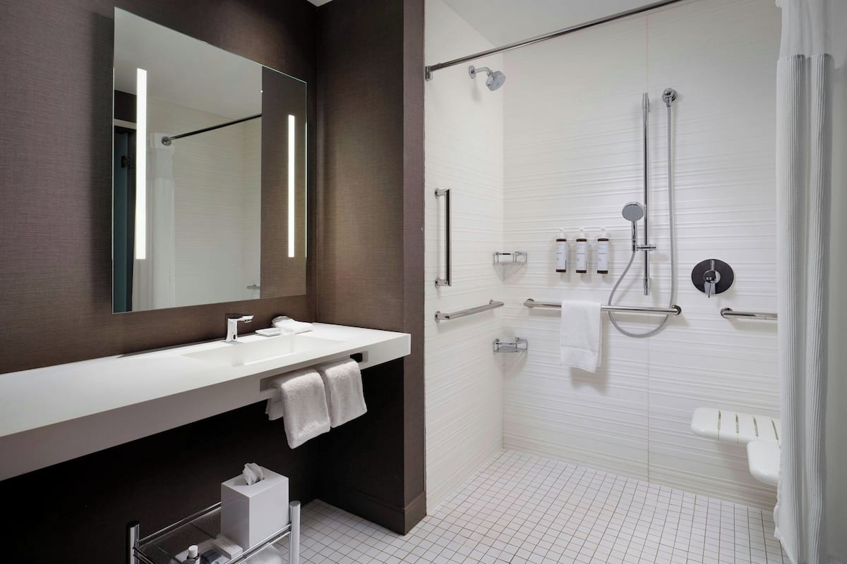 Hair dryer, towels, soap, shampoo