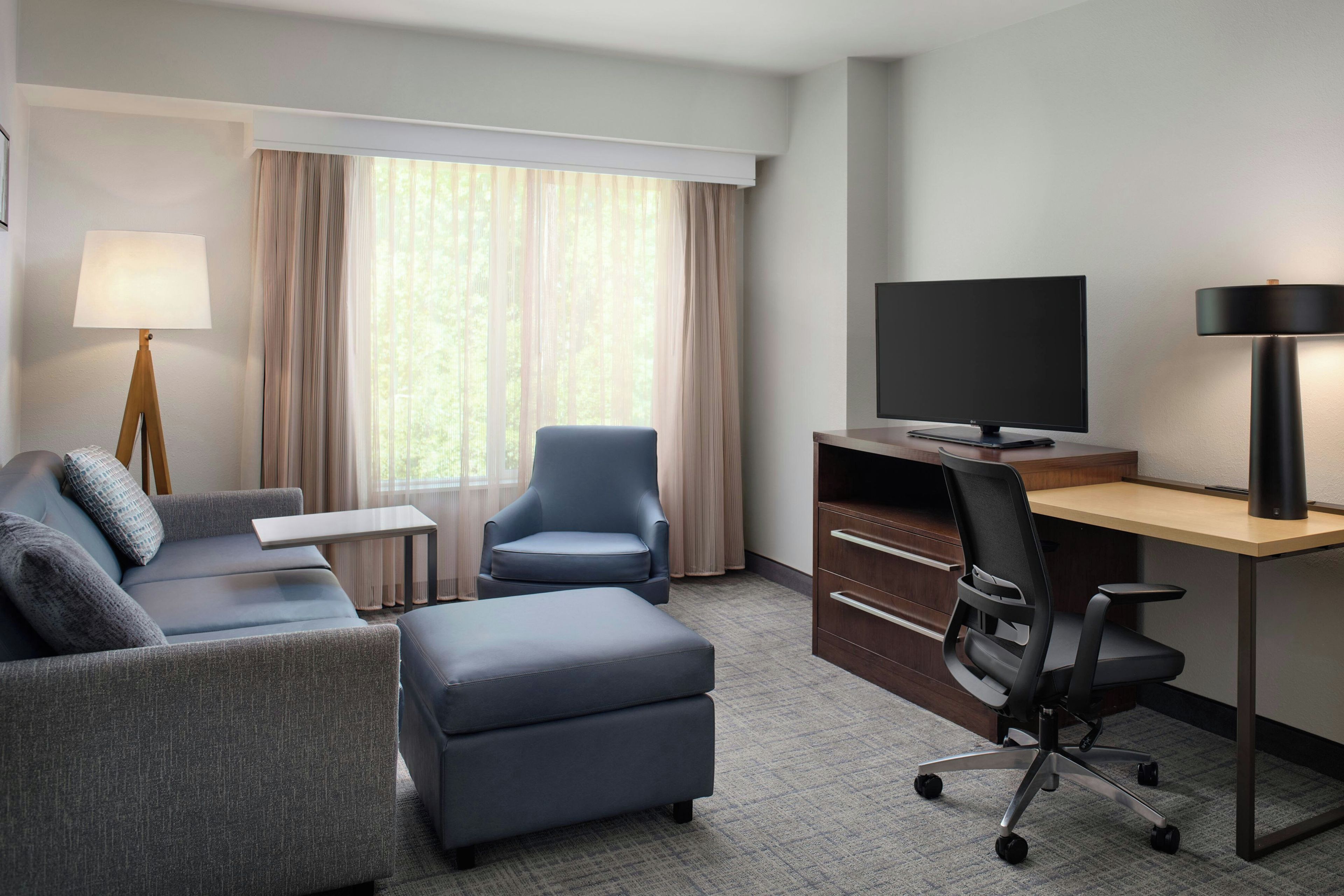 A hotel room with a sofa, a chair, a desk with a TV, and a lamp.