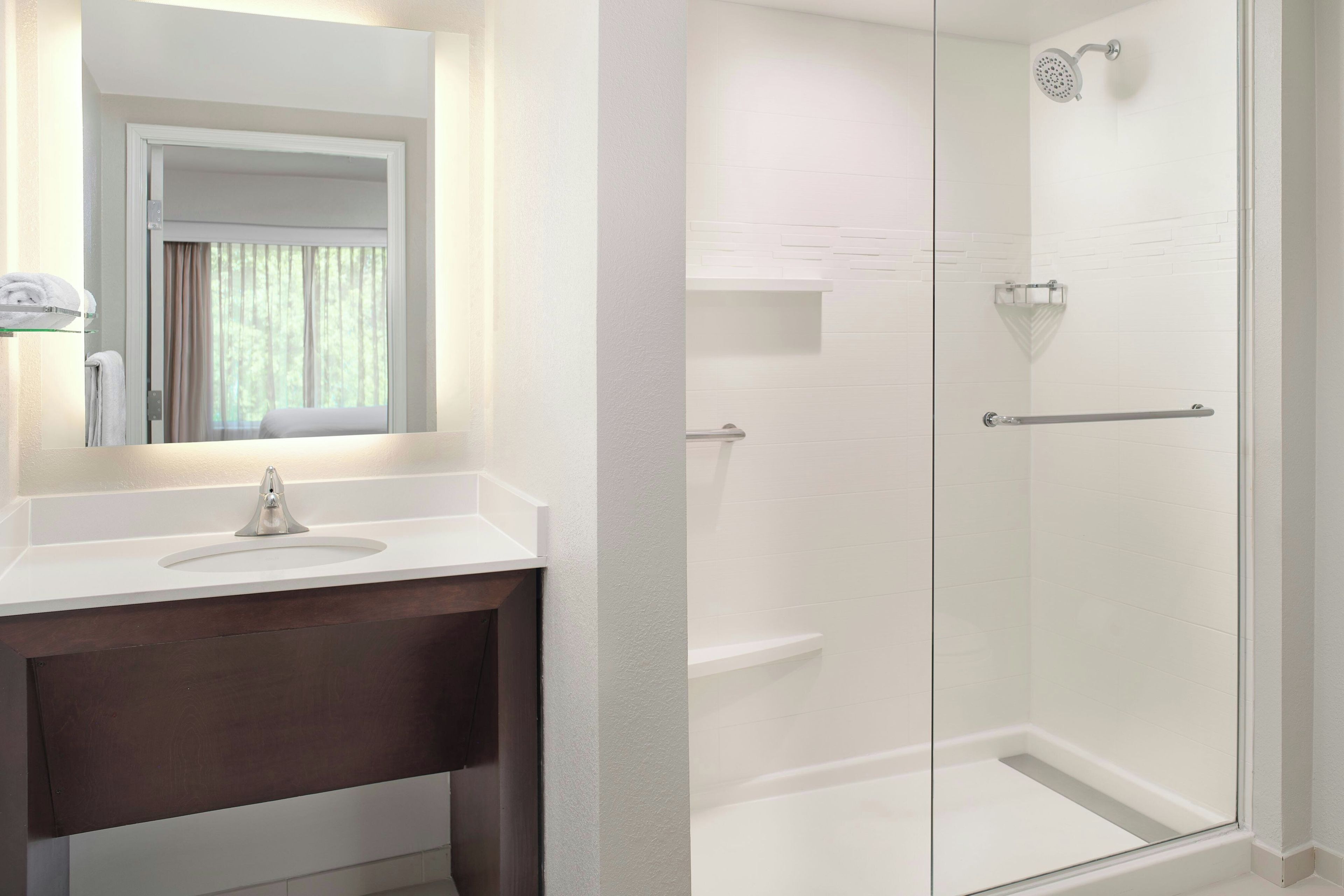 A bathroom with a glass-enclosed shower, a white sink, and a mirror with a towel rack.