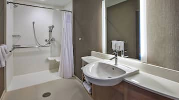 A modern bathroom with a walk-in shower, a large sink, and a mirror.
