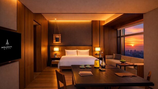 A hotel room with a bed, bedside tables, a desk with chairs, a TV, and a view of a sunset over a cityscape. - AOLUGUYA · The Unbound Collection by Hyatt (Harbin)