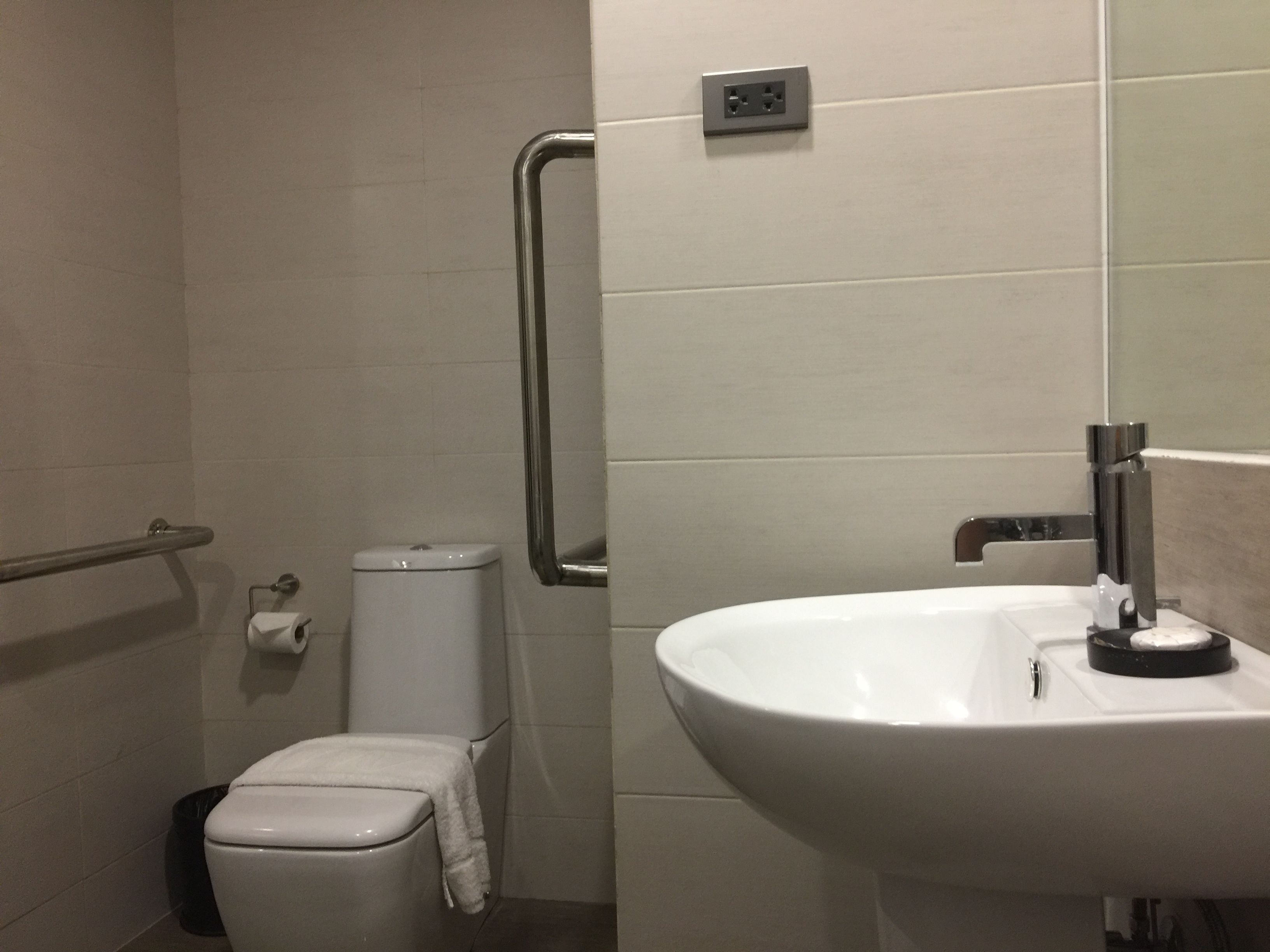 A bathroom with a toilet, a sink, and a handrail.