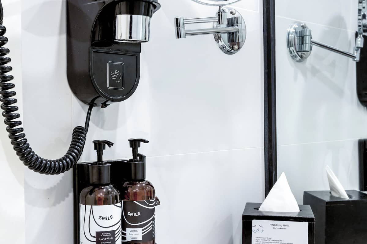 shower, eco-friendly toiletries, hair dryer, towels