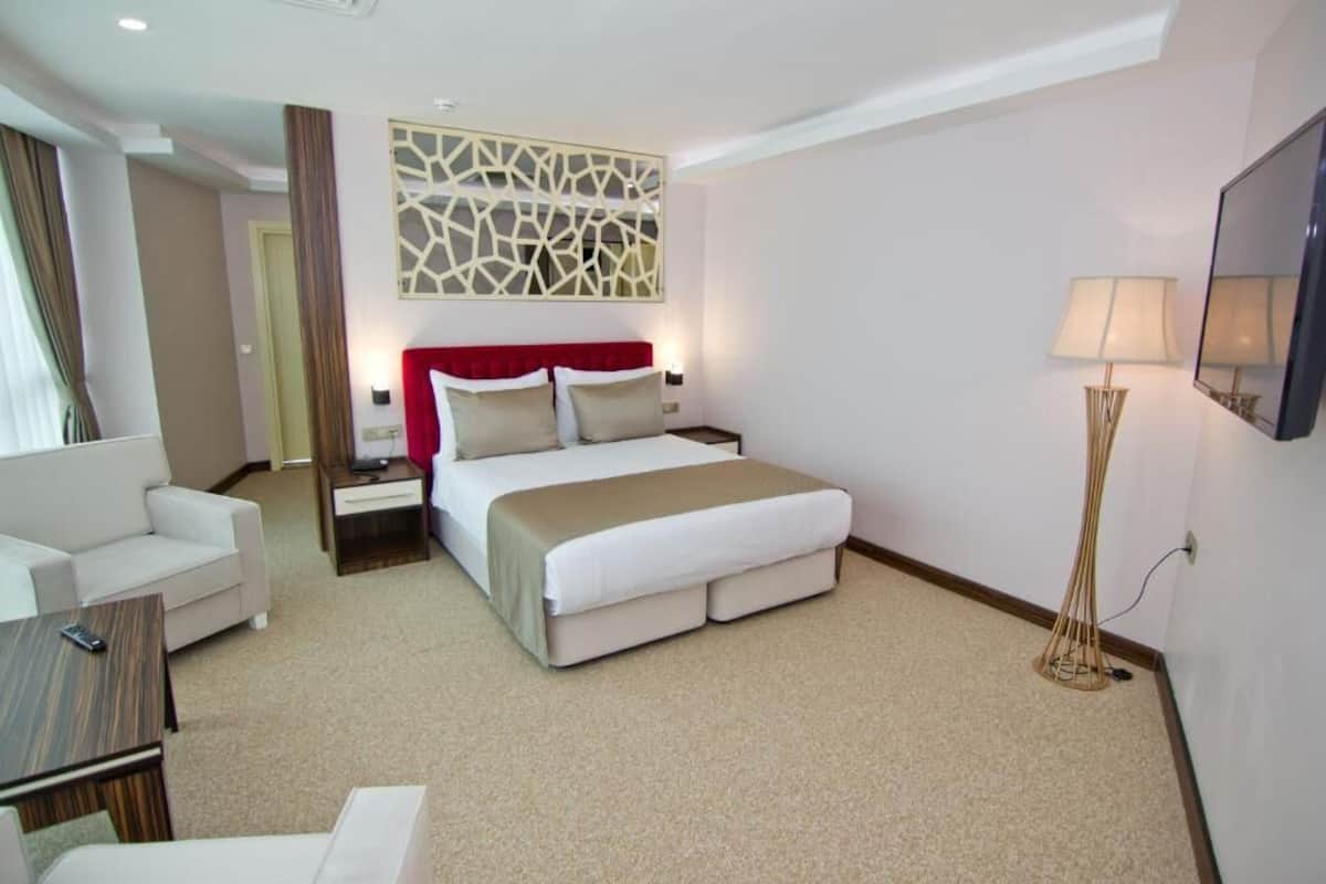 A hotel room with a bed, a sofa, a desk, and a lamp.