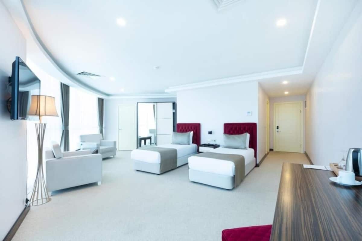 A modern hotel room with a curved ceiling, a flat-screen TV mounted on the wall, a sofa, two beds with red headboards, a coffee table, and a desk with a kettle.