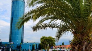 A modern building with a reflective glass facade, a palm tree in the foreground, and a body of water in the background. - Sky Tower Hotel (Batumi)