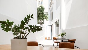 A modern interior with a wooden table and chairs, a potted plant, and a view of a building through a glass door.