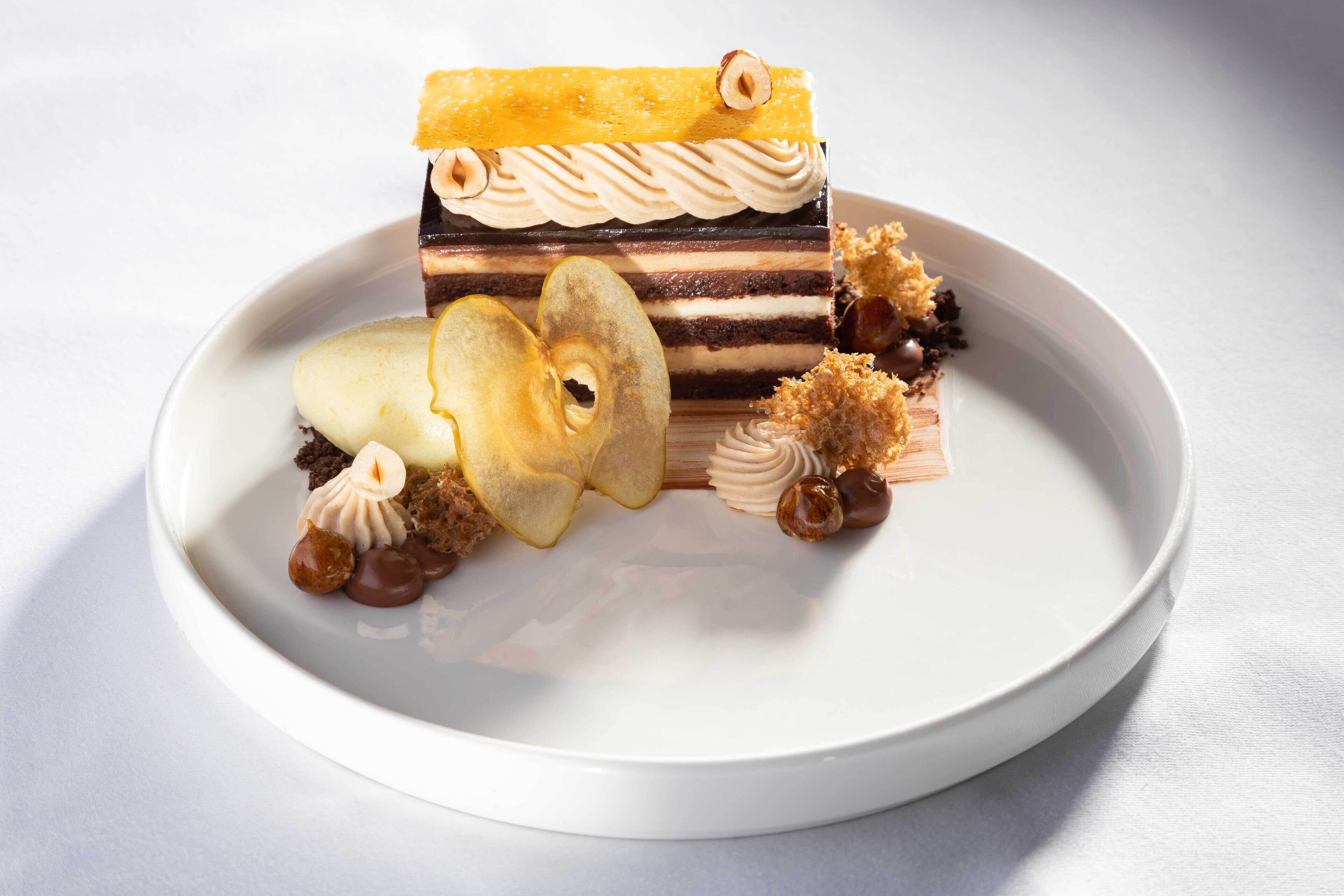 A dessert on a white plate.