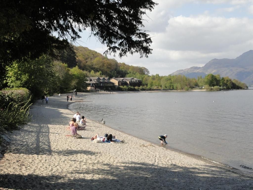A lakeside setting with a sandy beach, a few people relaxing, and a building in the background.