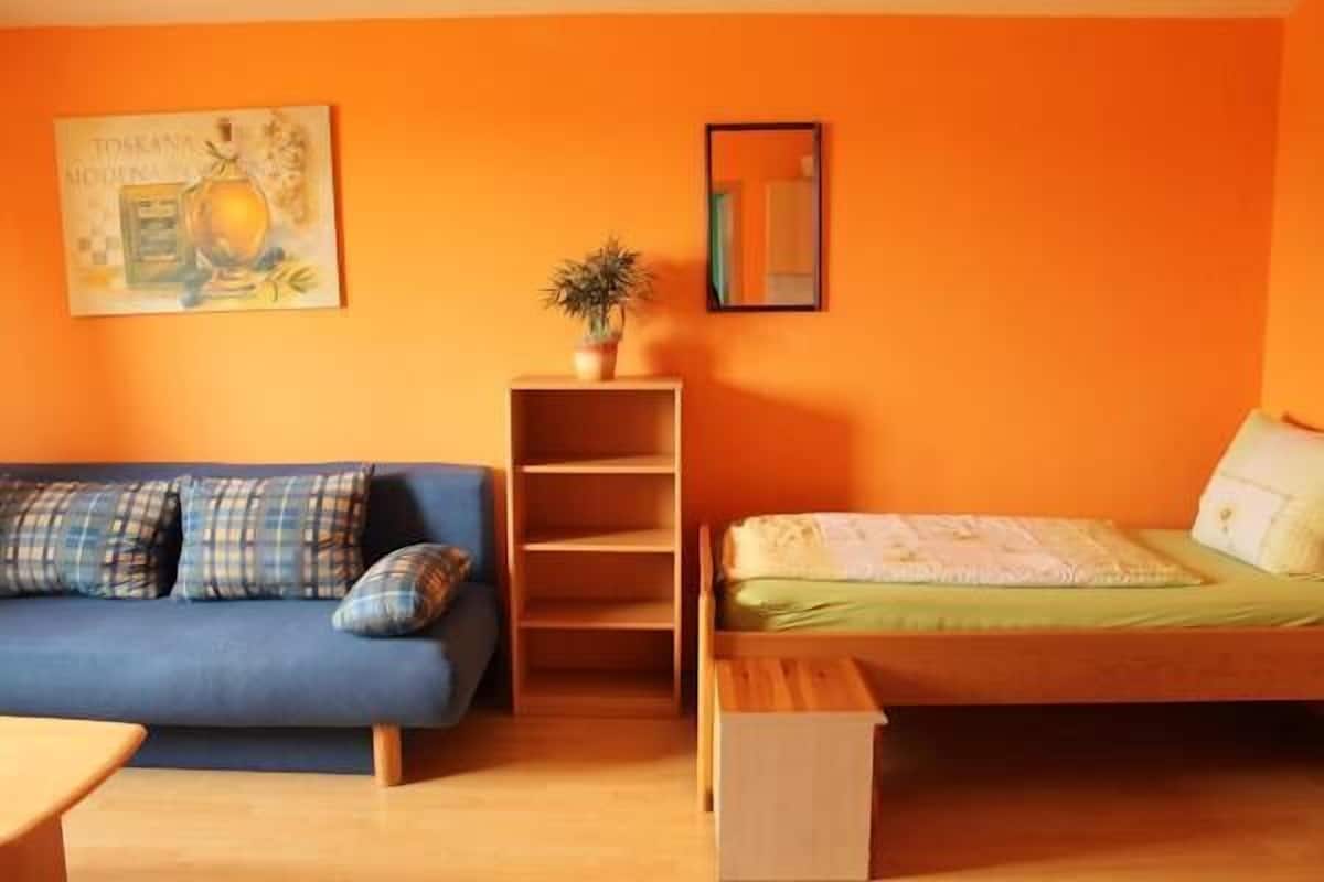 A room with a blue sofa, a wooden bed, a small table, a shelf unit, and a potted plant.