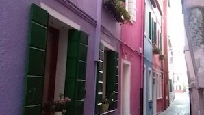Une rue étroite, bordée d’immeubles peints en violet et en rose, avec des volets verts et des plantes en pot posées sur les rebords des fenêtres.