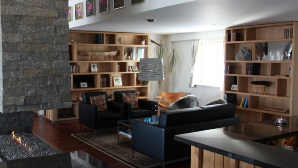 Un salon moderne avec une cheminée en pierre, un canapé, une table basse et une bibliothèque remplie de livres et d’objets décoratifs.