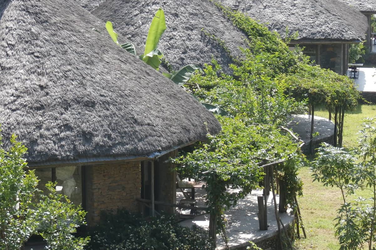 Cabañas de techo de paja con una estructura de piedra al fondo, rodeadas de vegetación.