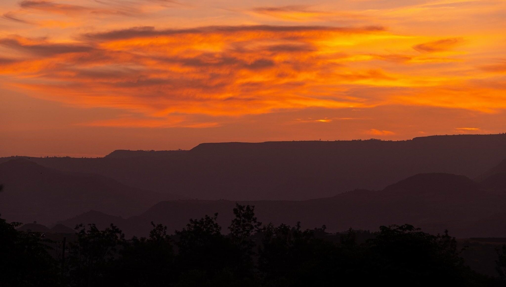 A sunset over a range of hills with silhouettes of trees in the foreground.