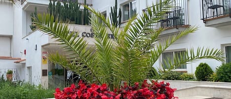 A building with multiple balconies, a large planter with red flowers, and a clear sky.