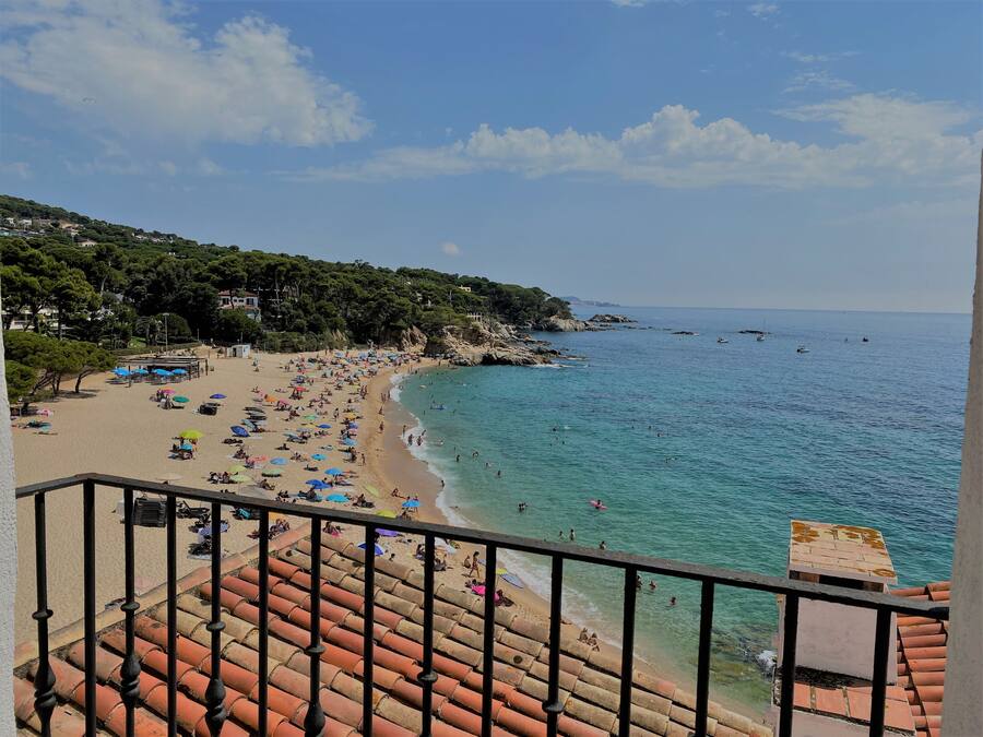 A beach with a tiled walkway leading to the water, a clear sky, and a view of the sea.