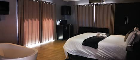 Una habitación de hotel moderna con una cama grande, un televisor de pantalla plana, un escritorio y un armario.