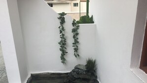 Pequeño elemento acuático resguardado, con un recipiente de piedra y una planta sobre una pared blanca.