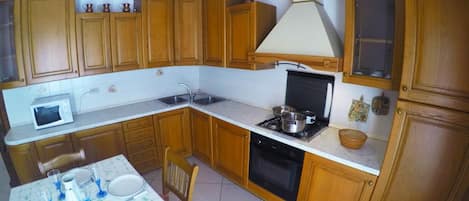 Full-size fridge, oven, stovetop, cookware/dishes/utensils