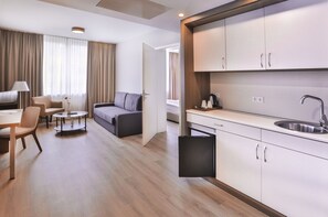 Apart-Suite | Cocina privada | Frigorífico pequeño, cafetera o tetera y hervidor eléctrico