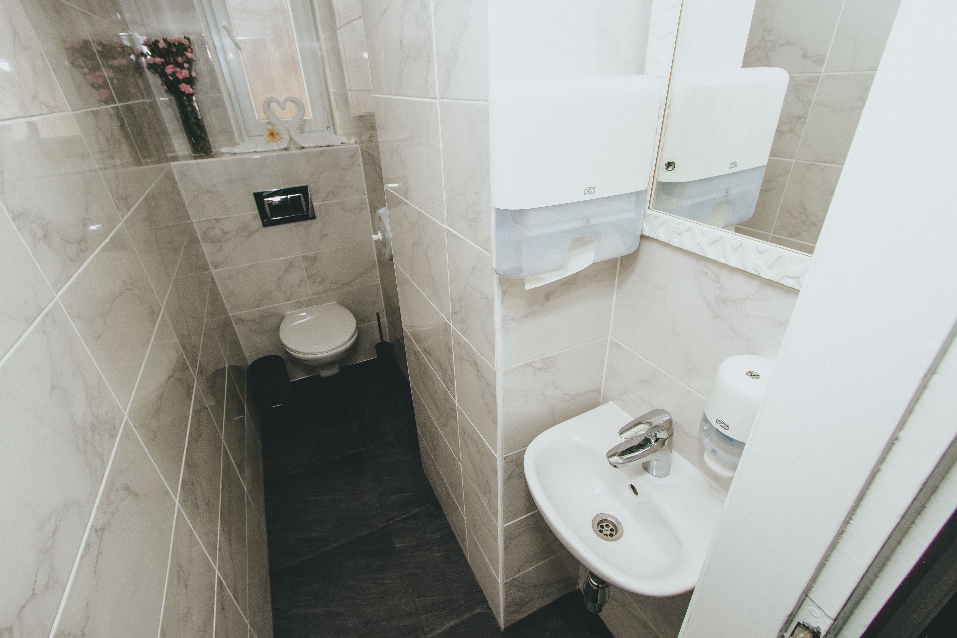 A bathroom with a toilet, sink, and hand dryer.