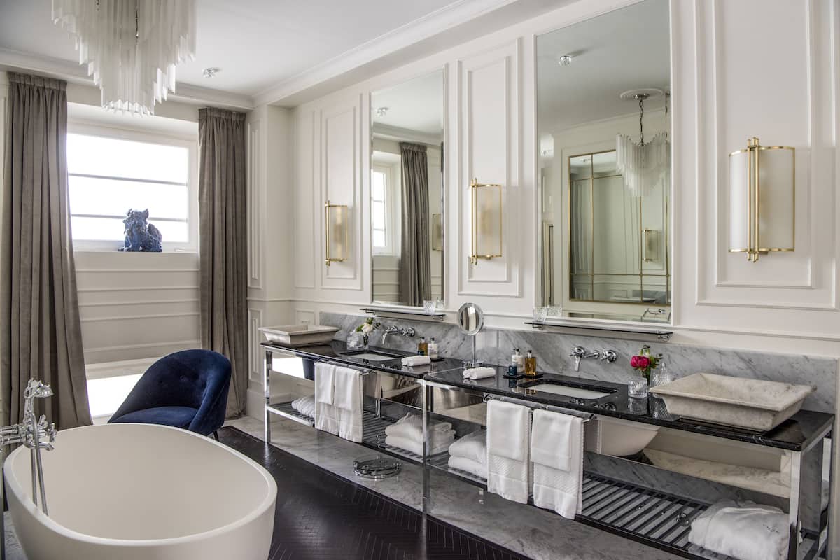 rainfall showerhead, designer toiletries, hair dryer, bathrobes