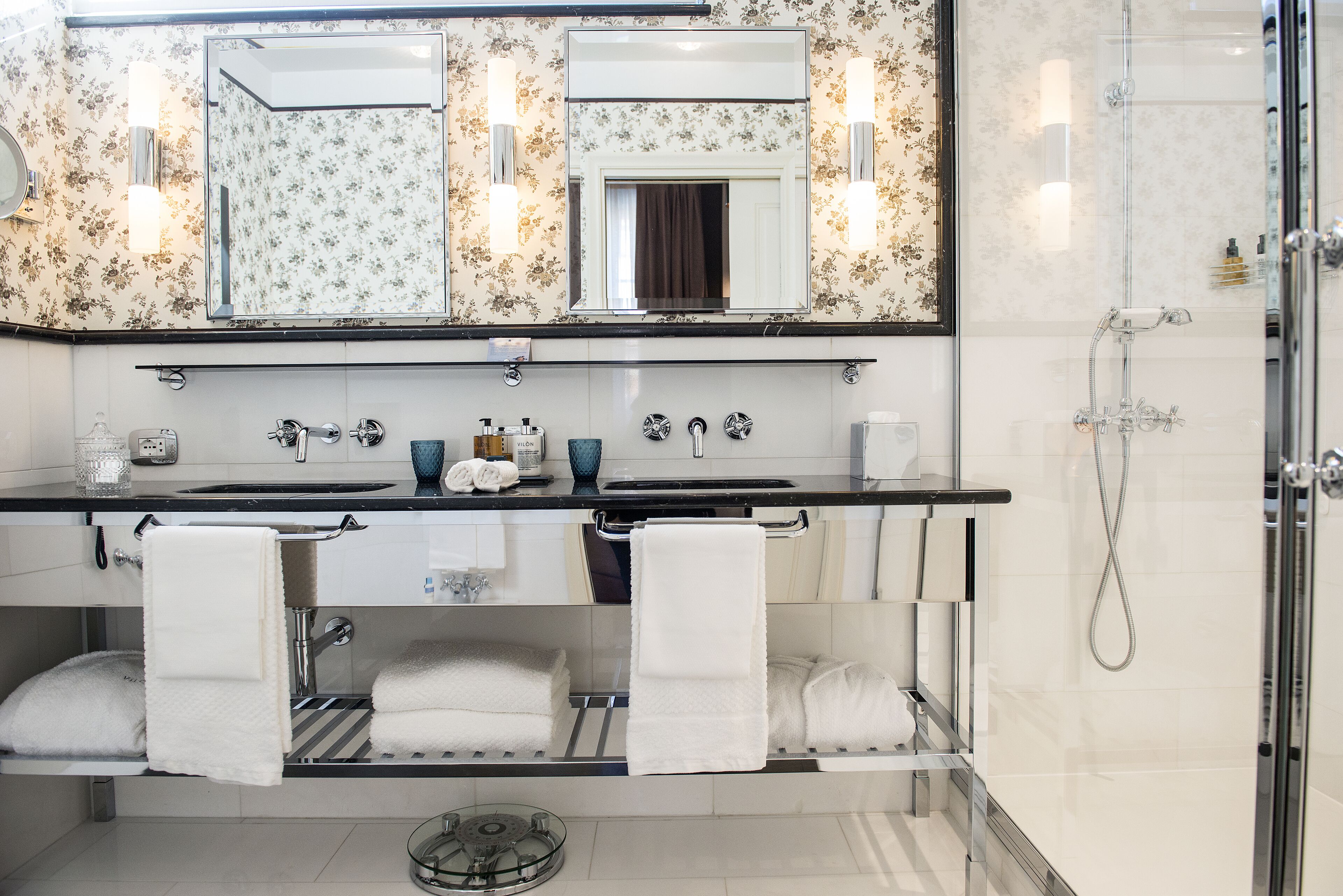 rainfall showerhead, designer toiletries, hair dryer, bathrobes