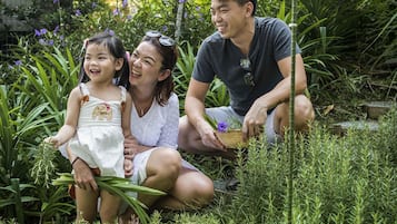 Eine Familie sitzt im Gras zwischen Pflanzen und einem Schild mit der Aufschrift 'Rosemary'.