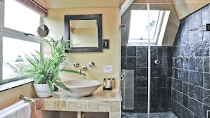 A bathroom with a large mirror, a potted plant, a sink, and a shower area with dark tiles. - Mandalay Beach B & B (Cape Town)