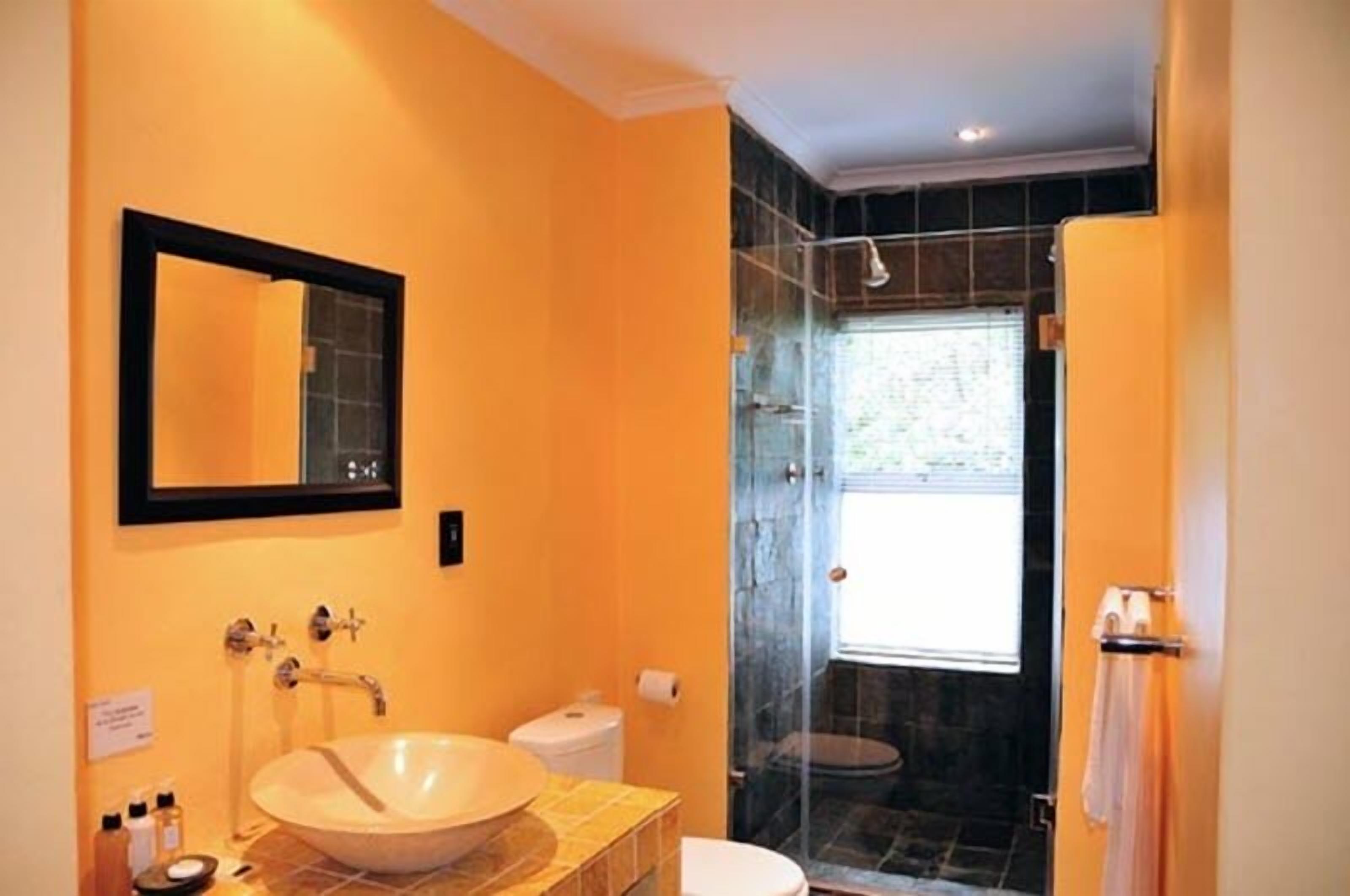 A bathroom with a large oval sink, a toilet, and a glass-enclosed shower.