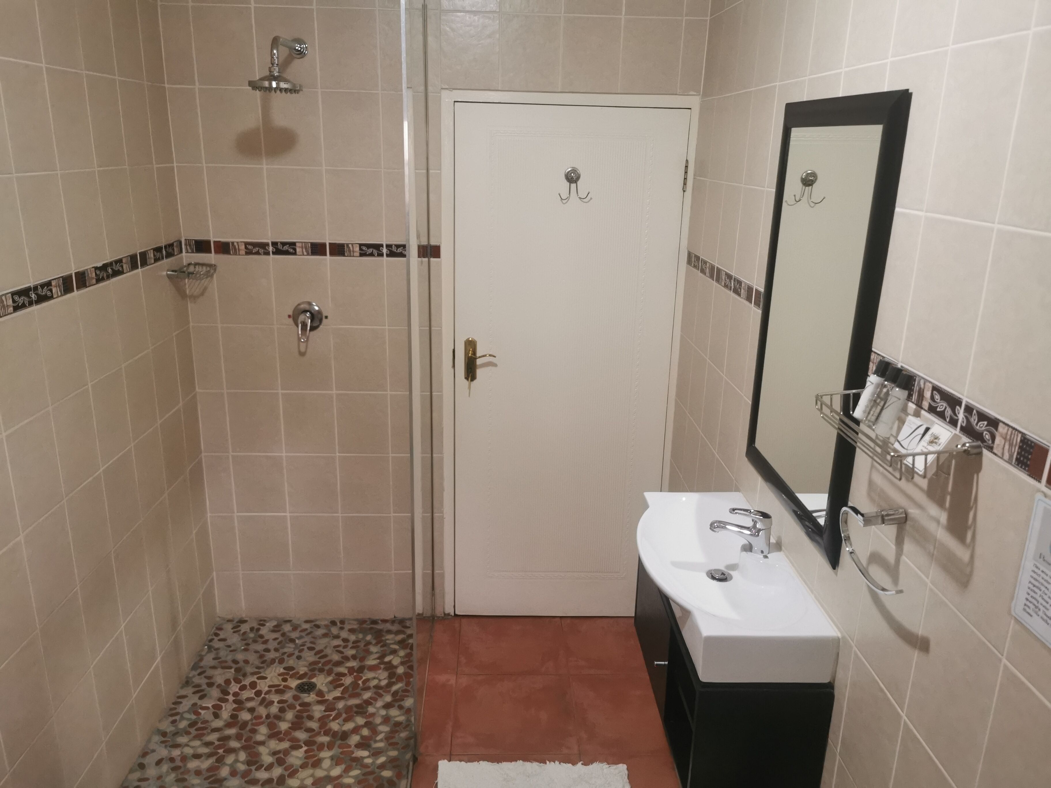 A bathroom with a shower, a sink, and a mirror.