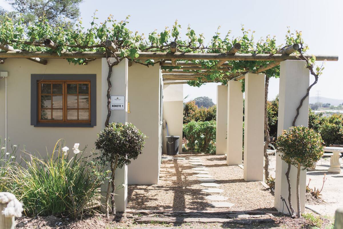 A covered outdoor area with a pergola, a window, and a pathway leading to a building.