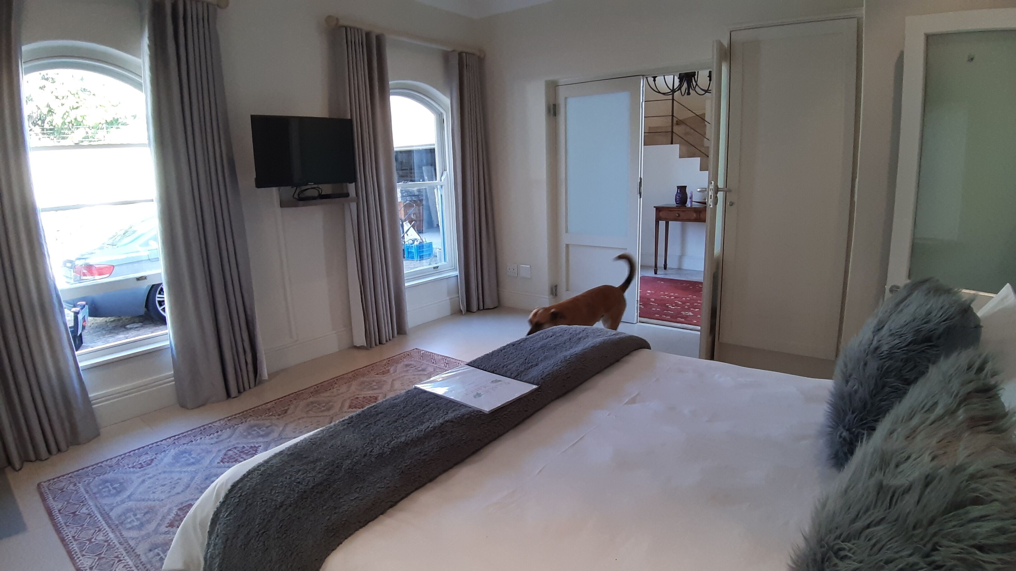 A hotel room with a large bed, a flat-screen TV mounted on the wall, a window with curtains, and a view of the outside.