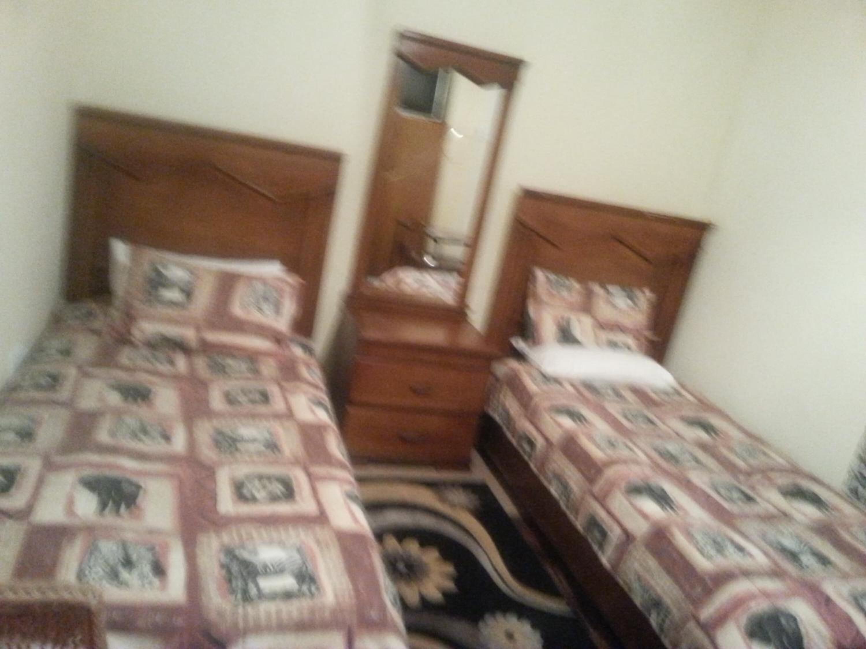 A bedroom with two single beds, a wooden dresser, and a mirror.