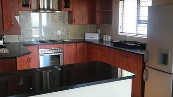 Lemari es besar, microwave, kompor, dan mesin pencuci piring