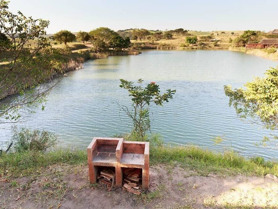 Une vue sur la rivière, avec une structure en briques, peut-être un barbecue, et un banc.