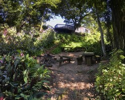 Un jardín con terraza de madera, mesas de picnic y un camino de piedra.