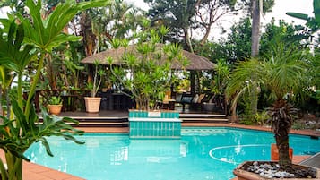Outdoor pool, pool umbrellas, pool loungers