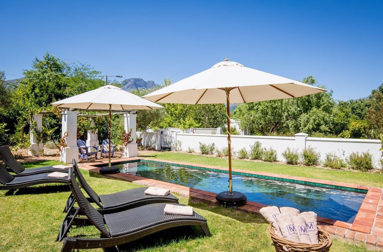 A pool area with lounge chairs and umbrellas, surrounded by greenery and a white wall.