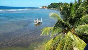 Vista limpida su una spiaggia con una barca ancorata, palme e una costa lontana.