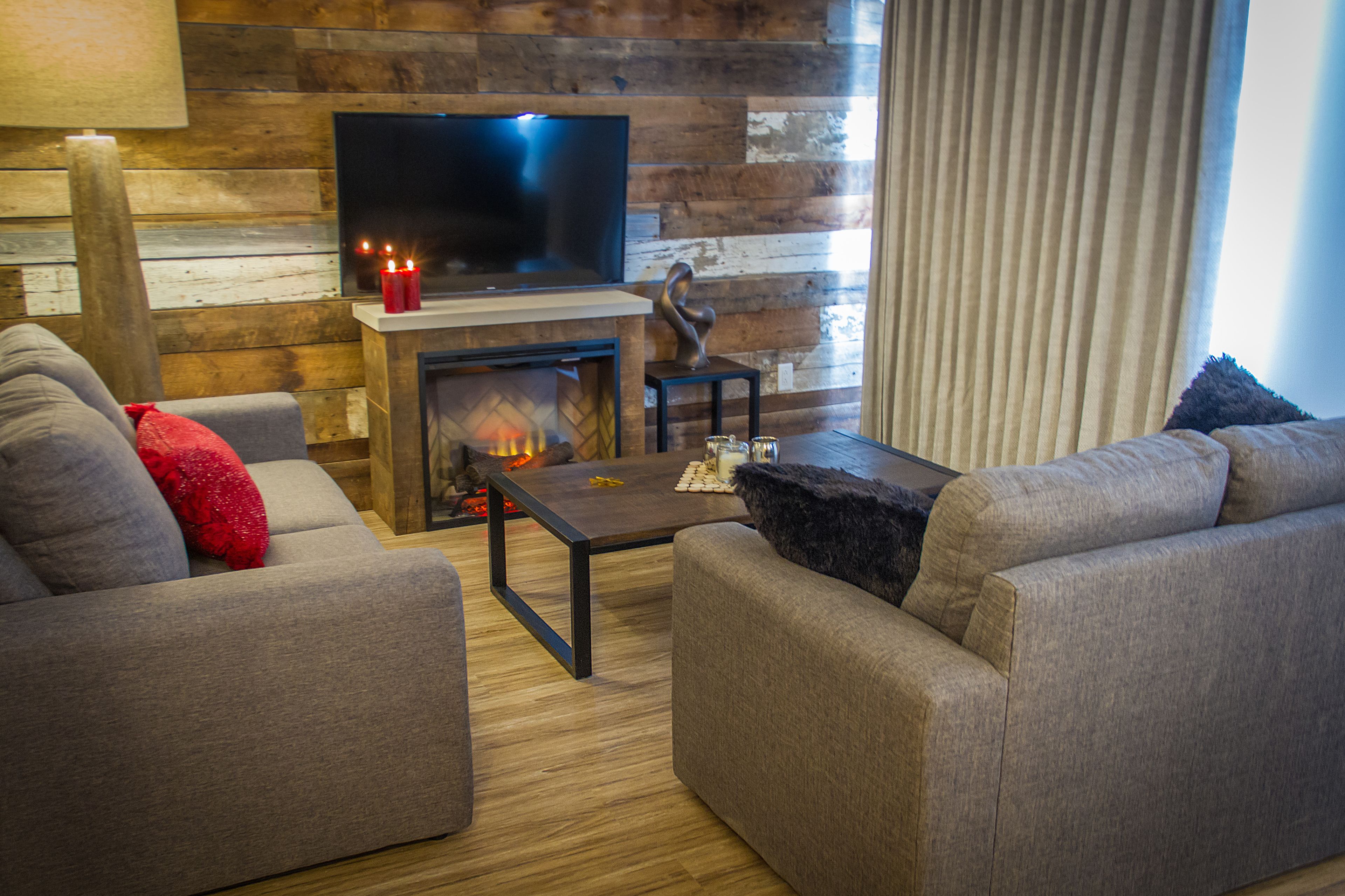 43-inch led tv with cable channels, tv, fireplace