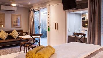 Premium bedding, desk, soundproofing, iron/ironing board