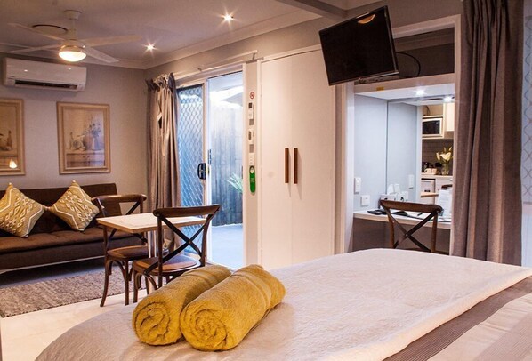 Premium bedding, desk, soundproofing, iron/ironing board