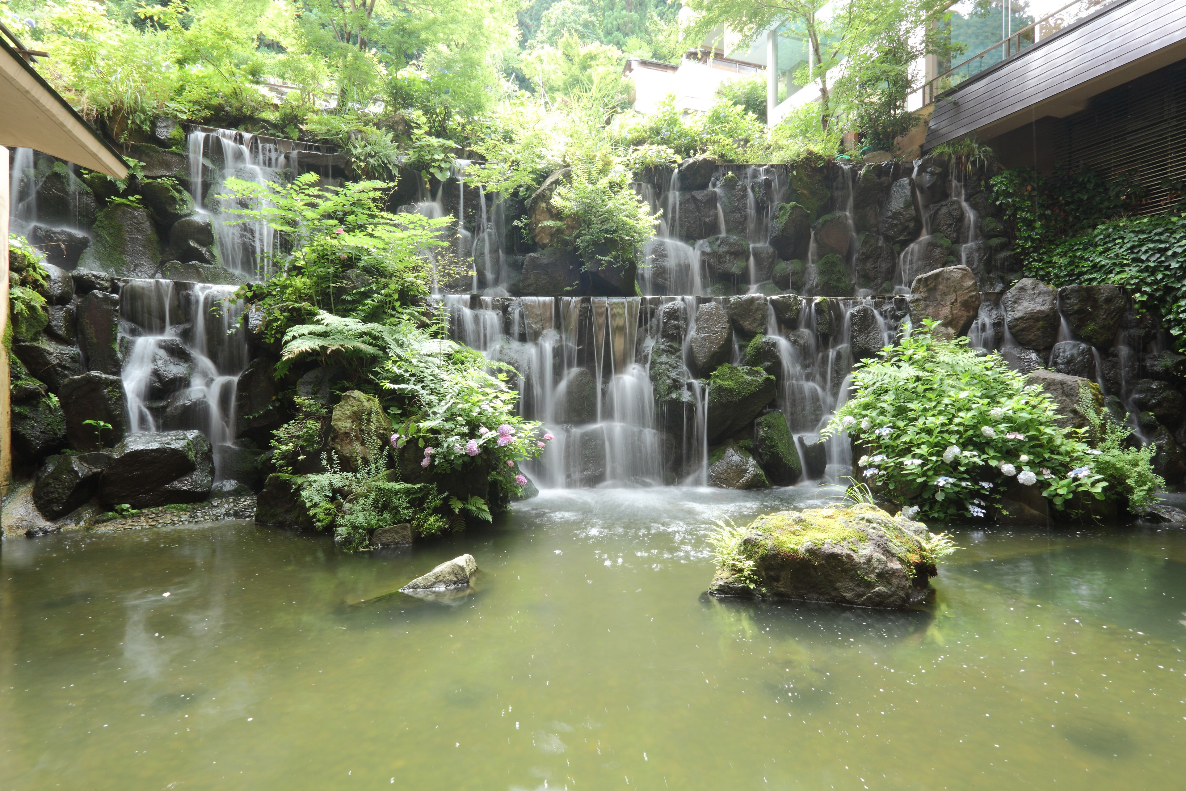 Ein Wasserfall stürzt über Felsen in einen Teich, umgeben von üppiger Vegetation und Farne.