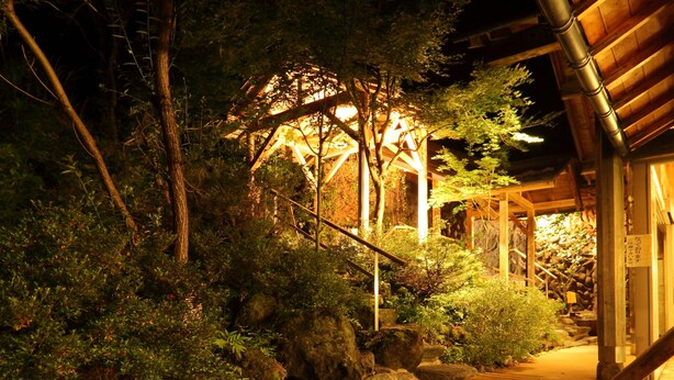 A traditional Japanese garden at night with a wooden structure, a pond, and surrounding vegetation.