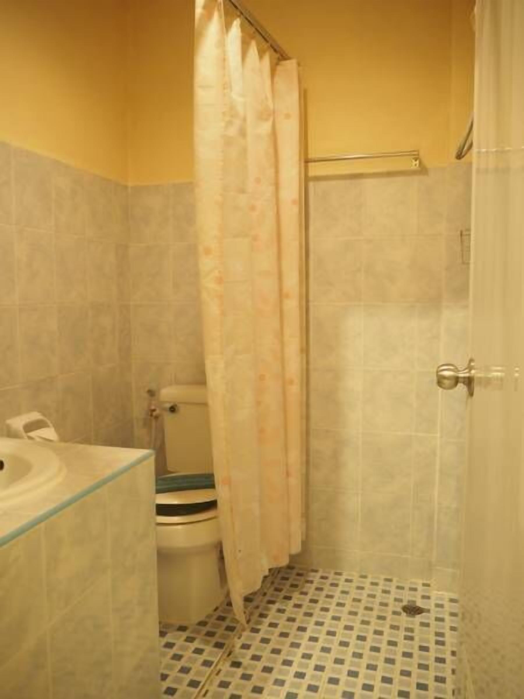 A small bathroom with a toilet, sink, and shower area.