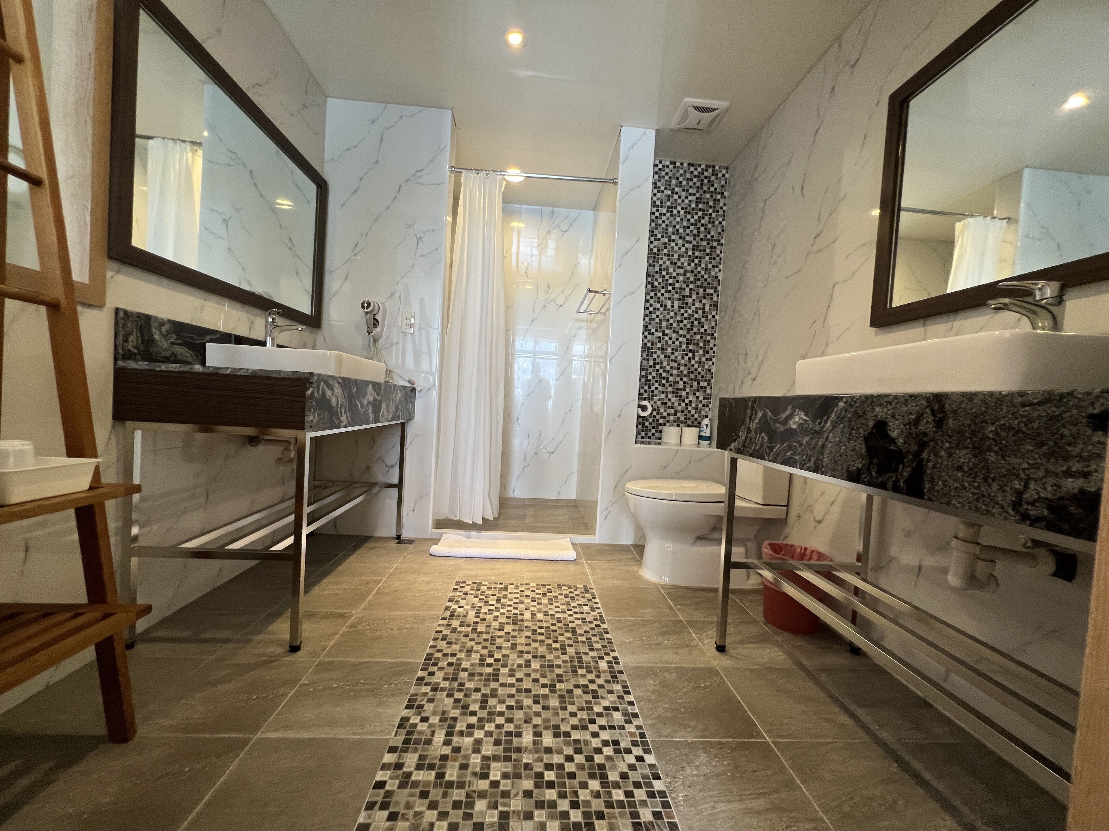 A modern bathroom with two sinks, a toilet, and a shower area.