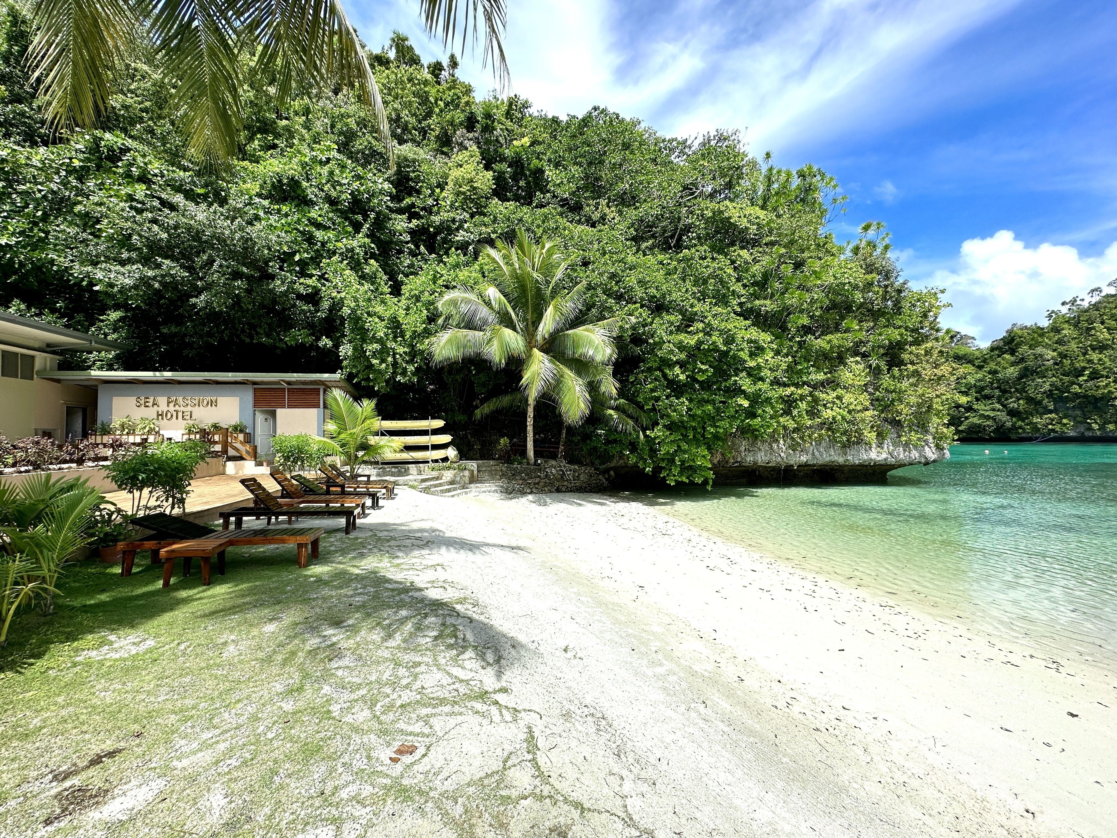 A beachside hotel with a sign reading "SEA PASSION HOTEL," wooden lounge chairs, and a clear view of the turquoise sea.